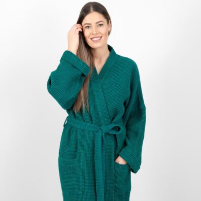 Lino-medvilnės chalatas smaragdo spalvos su kišenėmis priekyje