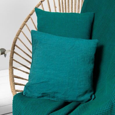 Lino-medvilnės pledas smaragdo spalvos „vafliniais“ langeliais