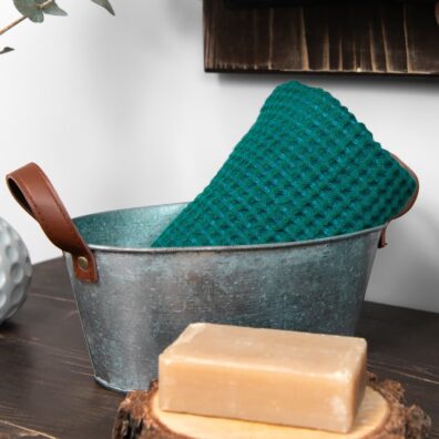 Lino - medvilnės rankšluostis smaragdo spalvos „vafliniais“ langeliais