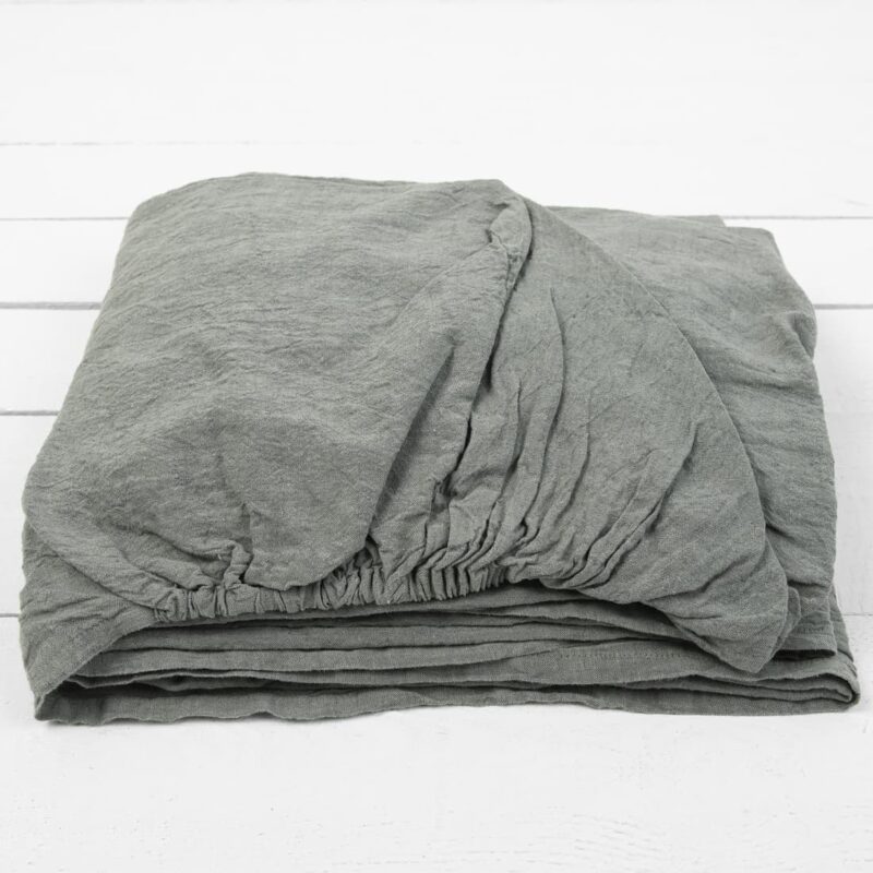 DOVI lininė paklodė žalsvai pilka melanžinė su guma