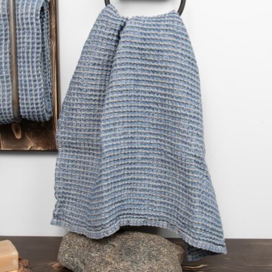 BINGO lino-medvilnės rankšluostis pilkai mėlynas „vafliniais“ langeliais