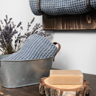 BINGO lino-medvilnės rankšluostis pilkai mėlynas iš minkšto, švelnaus, skalbto audinio