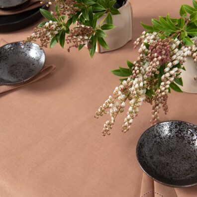 Šviesiai ruda lino-medvilnės staltiesė ir tokio paties audinio servetėlės