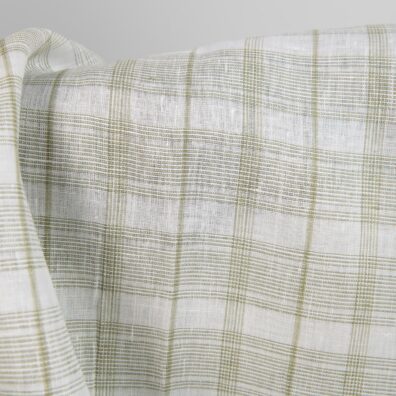 Lino audinys žalsvai baltas languotas tinka drabužiams, patalynei, užuolaidoms, staltiesėms, prijuostėms siūti.