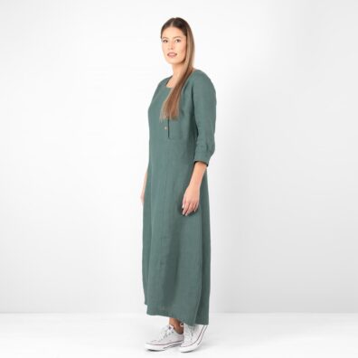 Lininė žalia suknelė ilga su 3/4 rankovėmis