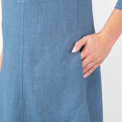Lininė mėlyna suknelė su kišenėmis