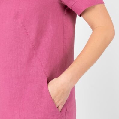 Lininė rožinė suknelė su kišenėmis