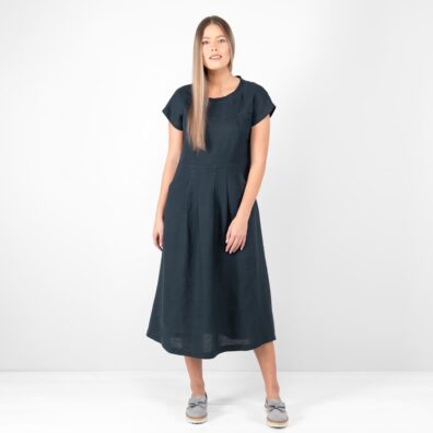 VERENA lininė tamsiai mėlyna suknelė trumpomis rankovėmis