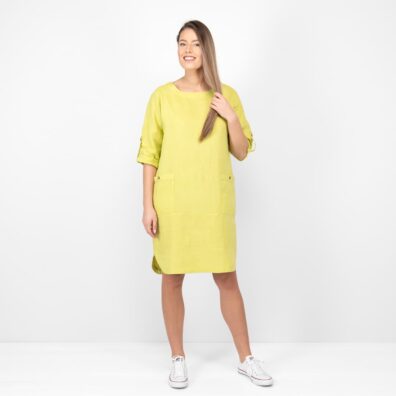 Lininė salotinė suknelė apvalia iškirpte