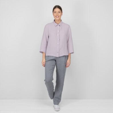 Lininė alyvinė palaidinė su sagų užsegimu per visa ilgį