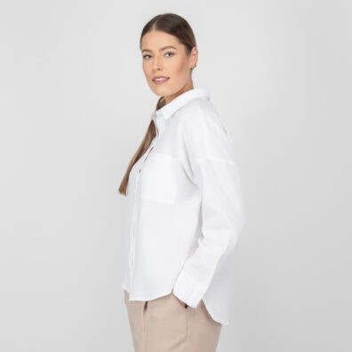 Lininė balta palaidinė su ilgesne nei priekis nugaros dalimi