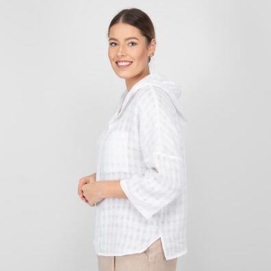 Lininė balta palaidinė su ilgesne nei priekis nugaros dalimi