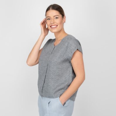 Lininė pilka languota palaidinė trumpomis rankovėmis