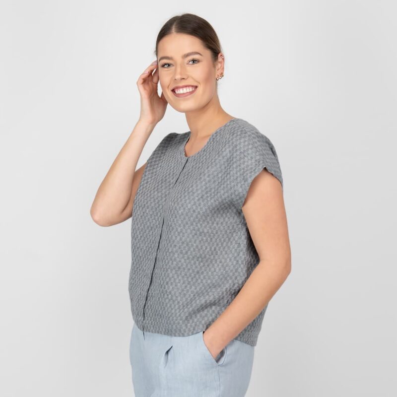 Lininė pilka languota palaidinė trumpomis rankovėmis