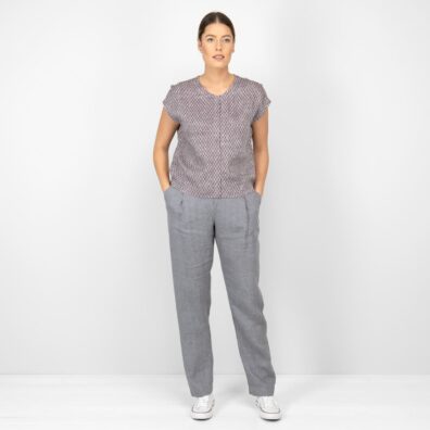 Lininė violetinė languota palaidinė trumpomis rankovėmis