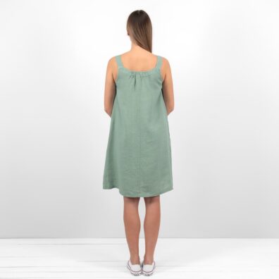 Lininė žalsva suknelė su dailiu paraukimu ties iškirpte nugaroje