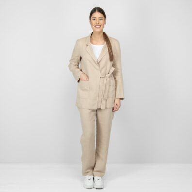 Lininis rusvas švarkas su didelėmis kišenėmis priekyje