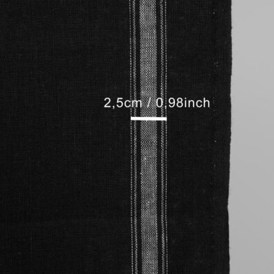 Lininis rankšluostinis audinys juodas su baltomis juostelėmis kraštuose, 50cm pločio