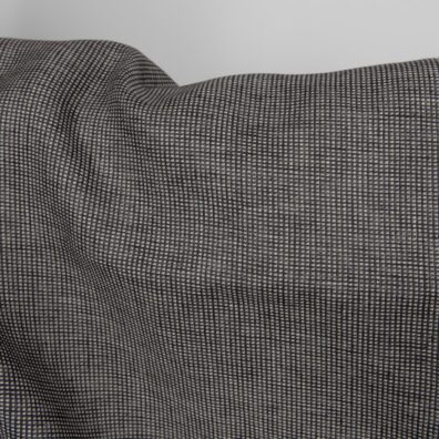 Lininis juodas languotas dvipusis audinys drabužiams ir namų tekstilės gaminiams siūti