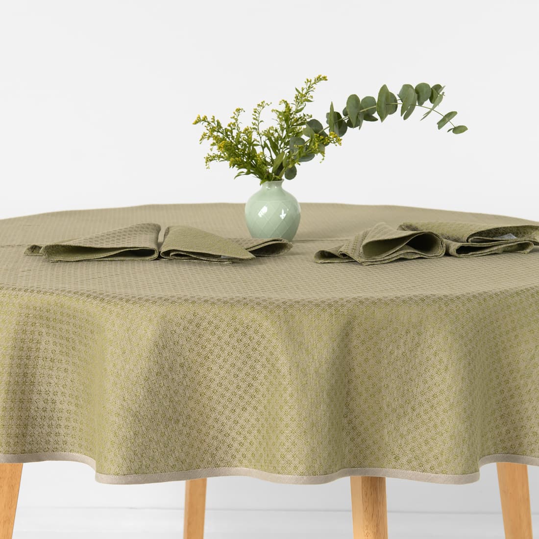 TONY apvali (ovali) pilkai žalia raštuota lino - medvilnės staltiesė