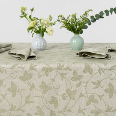 ARGANIA žalia žakardinė lino-medvilnės staltiesė ir derančios servetėlės