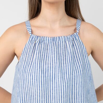 Lininė mėlynai dryžuota suknelė su petnešomis