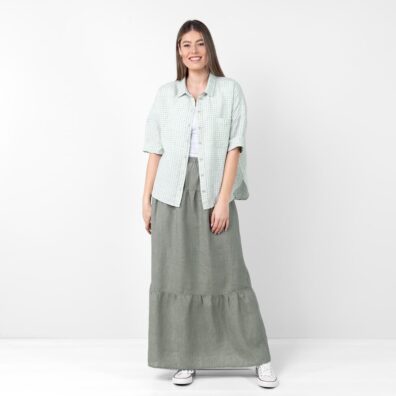 Žalsvos palaidinės EILA ir pilkai žalio sijono MUNA derinys