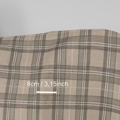 Puslininis audinys smėlio spalvos languotas tinka drabužiams ir namų tekstilės gaminiams siūti