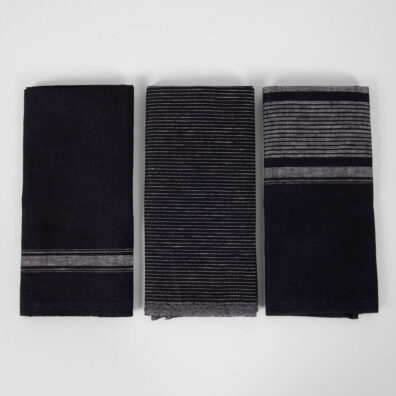 Lininių juodų su baltais dryžiais rankšluostukų rinkinys