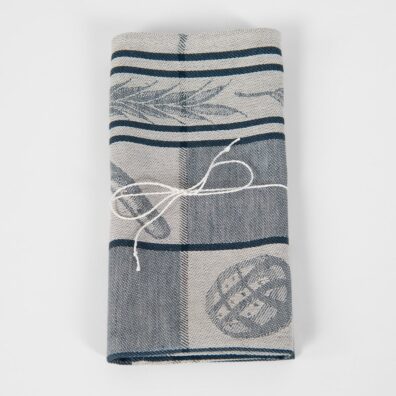 Puslininis virtuvės rankšluostis pilkas su išaustais duonos kepaliukais, perrištas dailia virvele