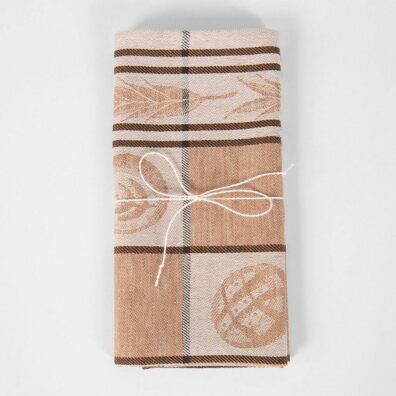 Puslininis virtuvės rankšluostis rudas su išaustais duonos kepaliukais, perrištas dailia virvele