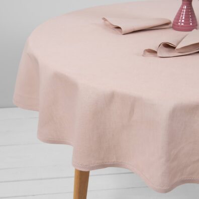 LUNA apvali (ovali) lino-medvilnės sudėties staltiesė šviesiai rožinė mereškuota aplink