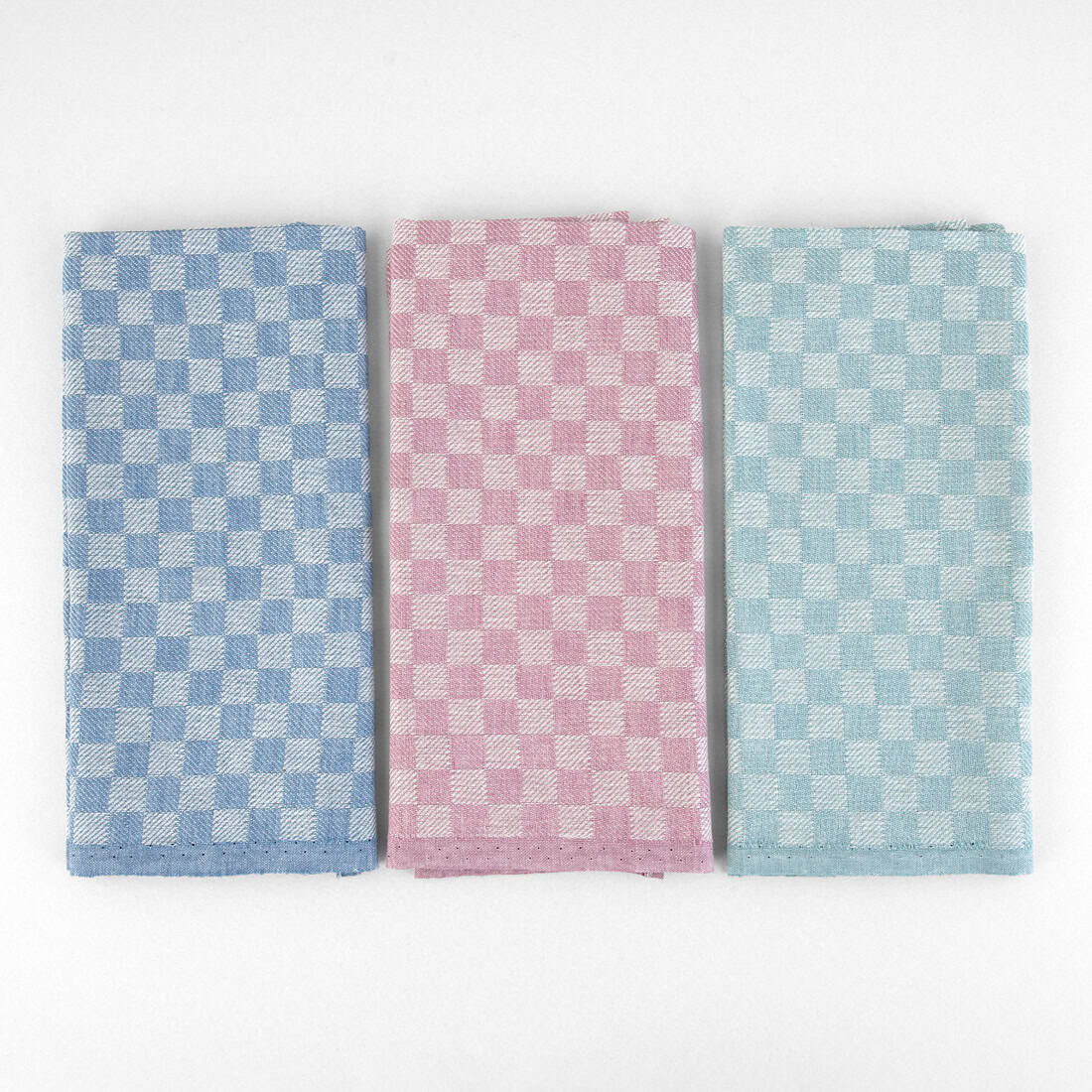 Puslininių rankšluostukų rinkinys mėlynais, alyviniais ir žalsvais langeliais