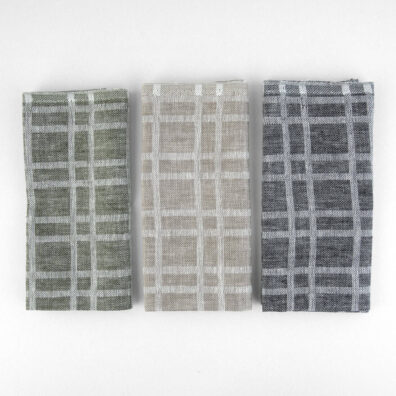 Lininių rankšluostukų rinkinys žalias, pilkšvas, tamsiai pilkas raštuotas