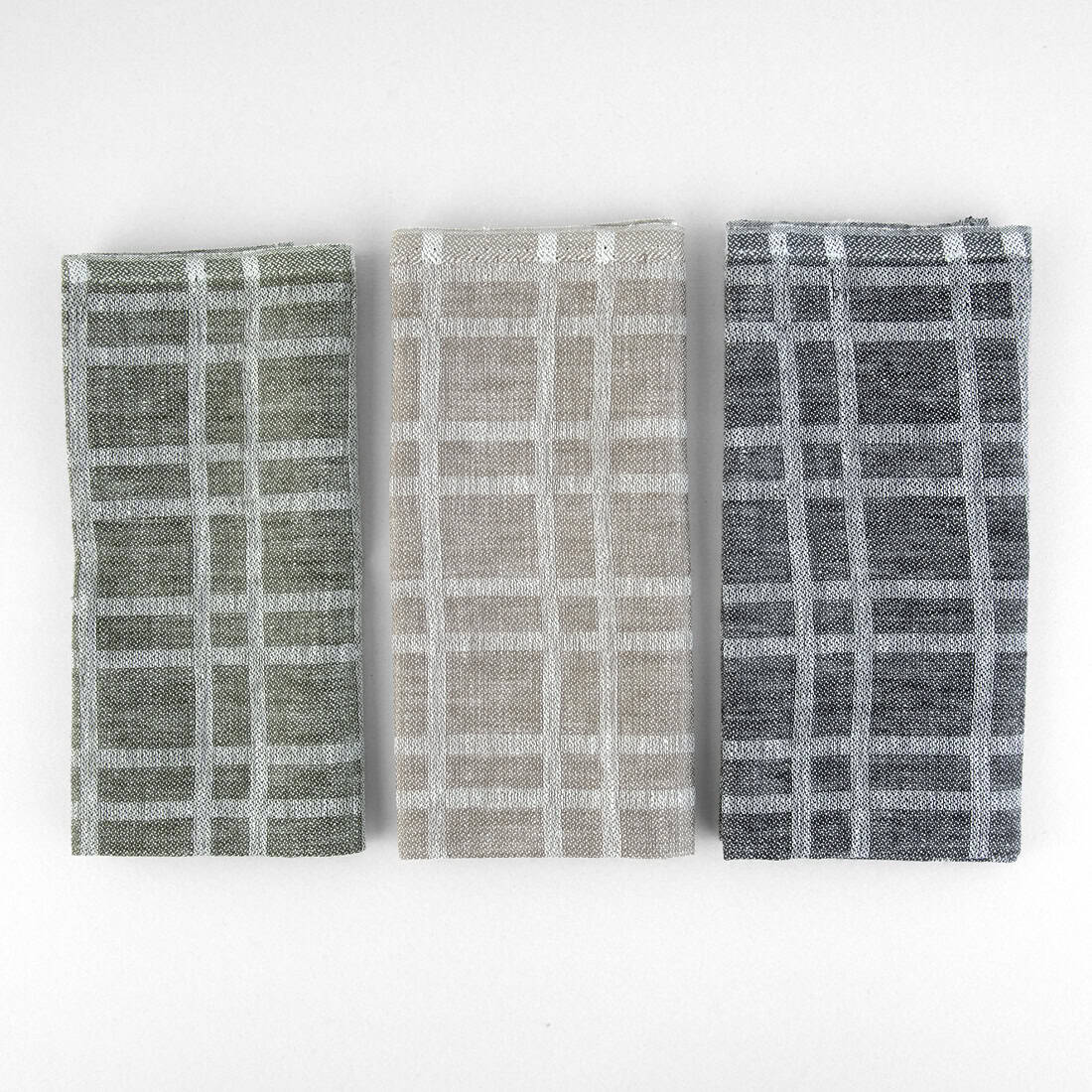 Lininių rankšluostukų rinkinys žalias, pilkšvas, tamsiai pilkas raštuotas