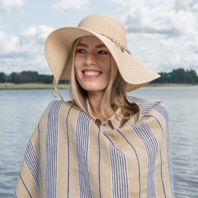 Rusvai-mėlynai dryžuotas lininis paplūdimio rankšluostis