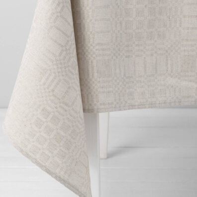 CAMPO lino-medvilnės staltiesė šviesiai pilka austa tradiciniu langelių raštu