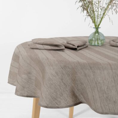 ISLA lininė apvali (ovali) staltiesė smėlio spalvos dryžuota