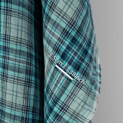 Lininis audinys turkio ir pilkos spalvos langeliais platus skalbtas tinka drabužiams ir namų tekstilės gaminiams siūti