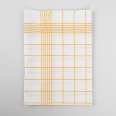 Puslininių rankšluostukų rinkinys geltonais langeliais ryškiai baltame fone