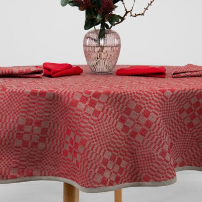 WILLOW apvali (ovali) raudonai-pilkai languota lino-medvilnės sudėties staltiesė