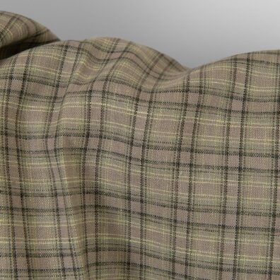 Lininis audinys rudai-žaliai languotas drabužiams ir namų tekstilei siūti