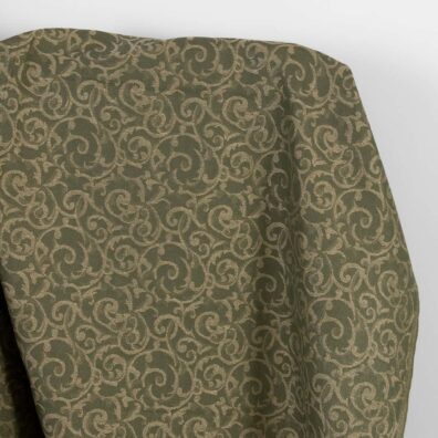 Puslininis žakardinis žalias ir rusvas blizgantis audinys