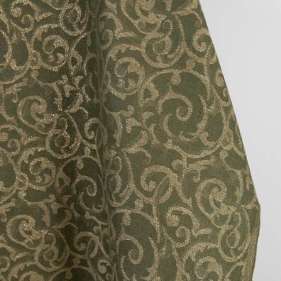 Puslininis žakardinis žalias ir rusvas blizgantis audinys, tinka drabužiams, aksesuarams, namų tekstilei siūti