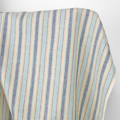 Lininis audinys vanilės spalvos su melsvais dryžiais