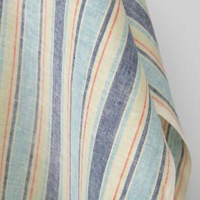 Lininis audinys vanilės spalvos su melsvais dryžiais, 100% linas