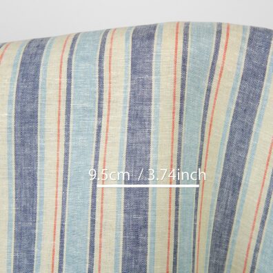 Lininis audinys vanilės spalvos su melsvais dryžiais, su matmenimis