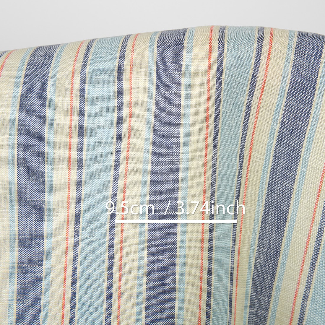 Lininis audinys vanilės spalvos su melsvais dryžiais, su matmenimis