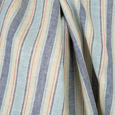 Lininis audinys vanilės spalvos su melsvais dryžiais, 150cm pločio