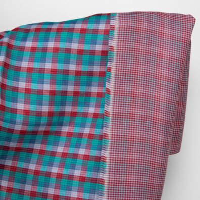 Lininis audinys dvipusis raudonų žalių mėlynų langelių